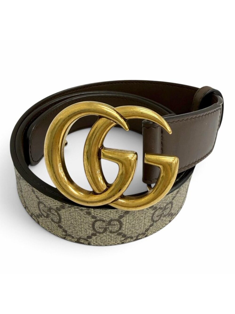 Gucci GG Supreme Canvas Logo Buckle Leather Belt Beige Brown Gold